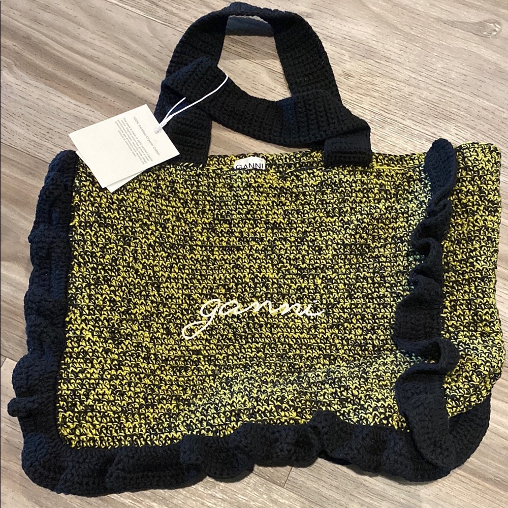 GANNI Yellow and Black Knit Hat and Tote set